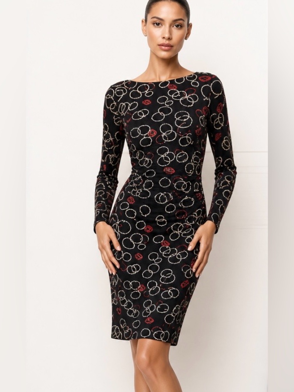 DAVID MEISTER Dress Knit Circle Ruched Black Red Career Shift Sz 6